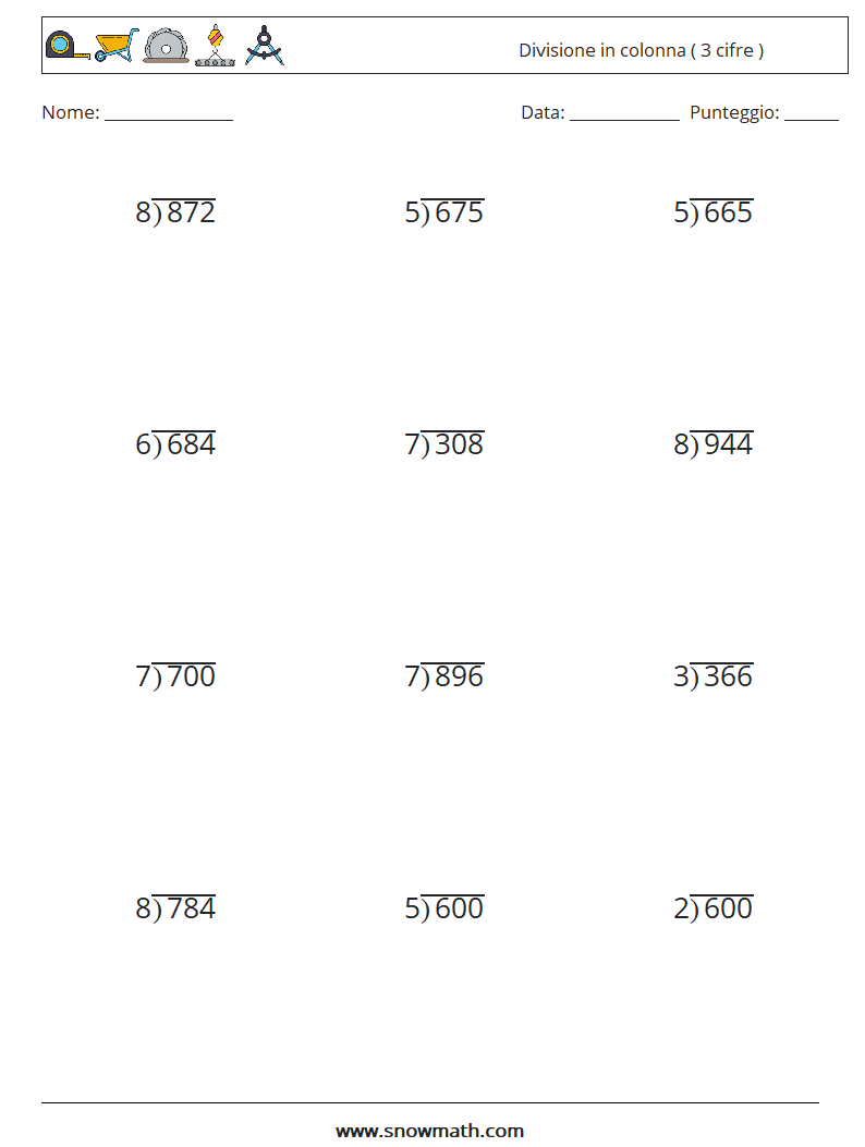 (12) Divisione in colonna ( 3 cifre ) Fogli di lavoro di matematica 17