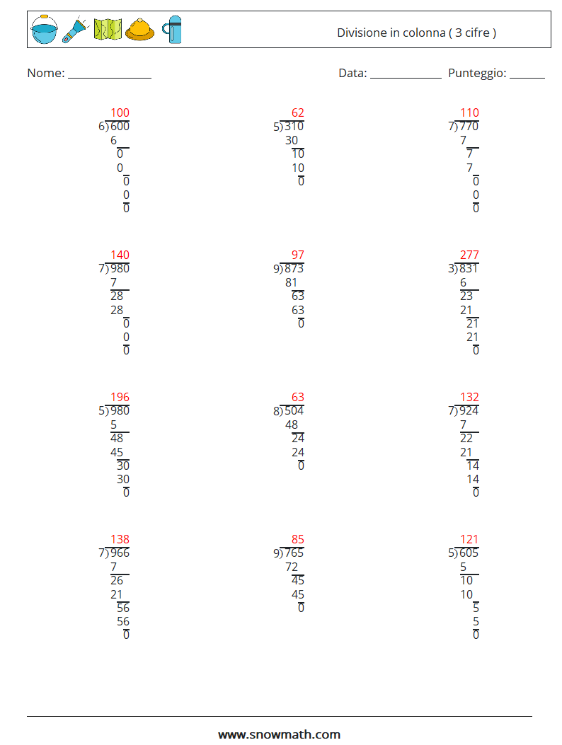 (12) Divisione in colonna ( 3 cifre ) Fogli di lavoro di matematica 5 Domanda, Risposta