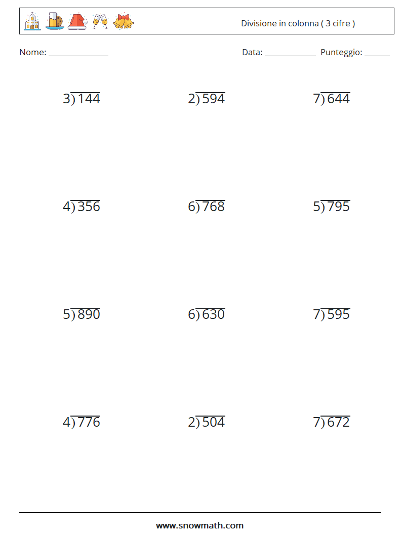 (12) Divisione in colonna ( 3 cifre ) Fogli di lavoro di matematica 6