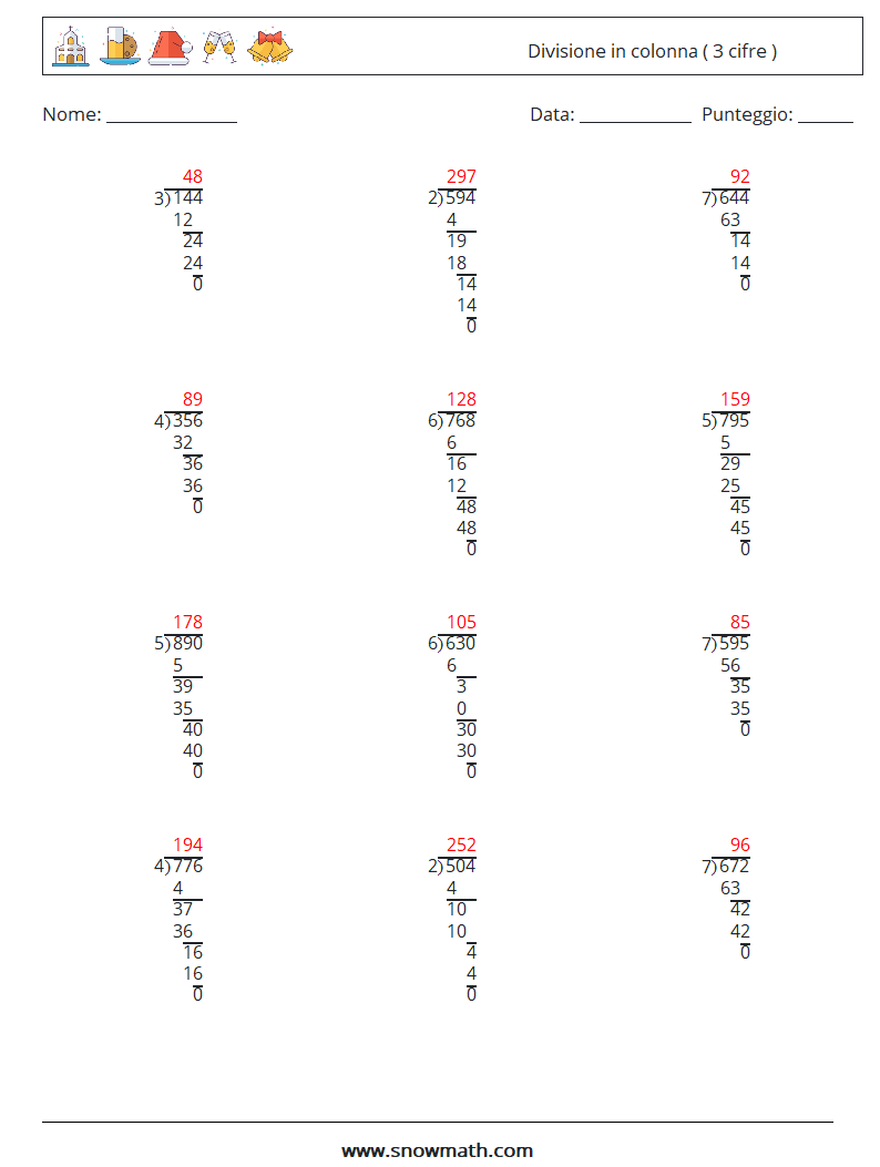 (12) Divisione in colonna ( 3 cifre ) Fogli di lavoro di matematica 6 Domanda, Risposta
