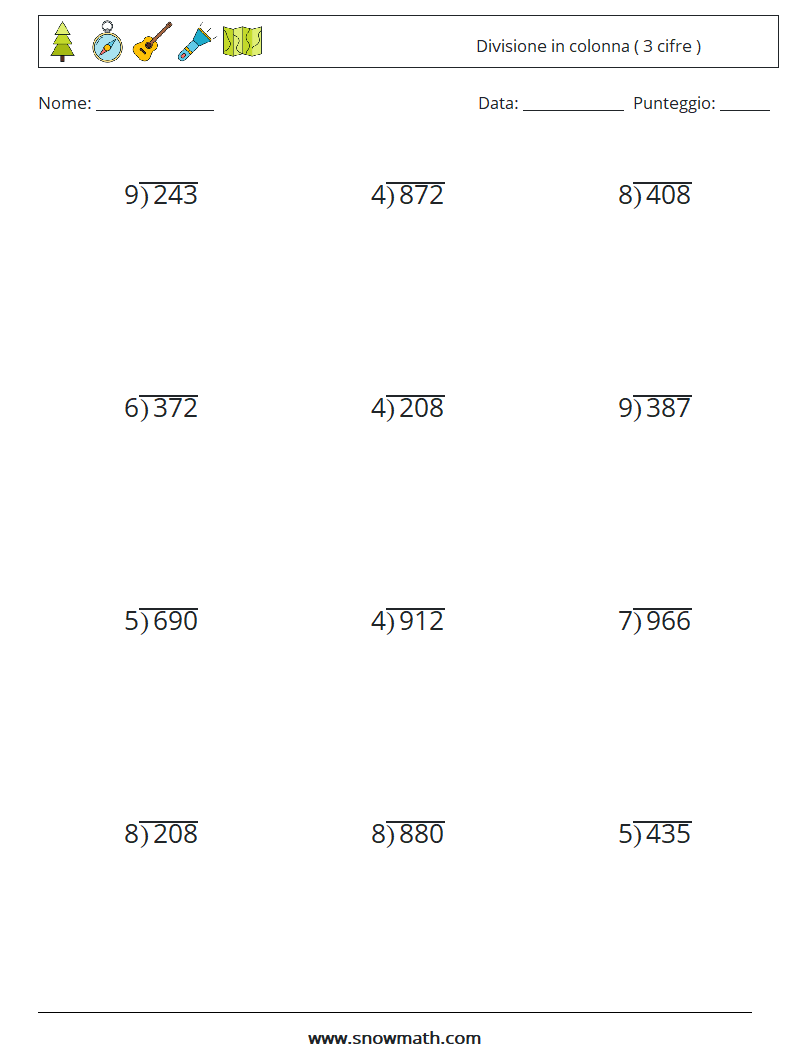(12) Divisione in colonna ( 3 cifre ) Fogli di lavoro di matematica 7