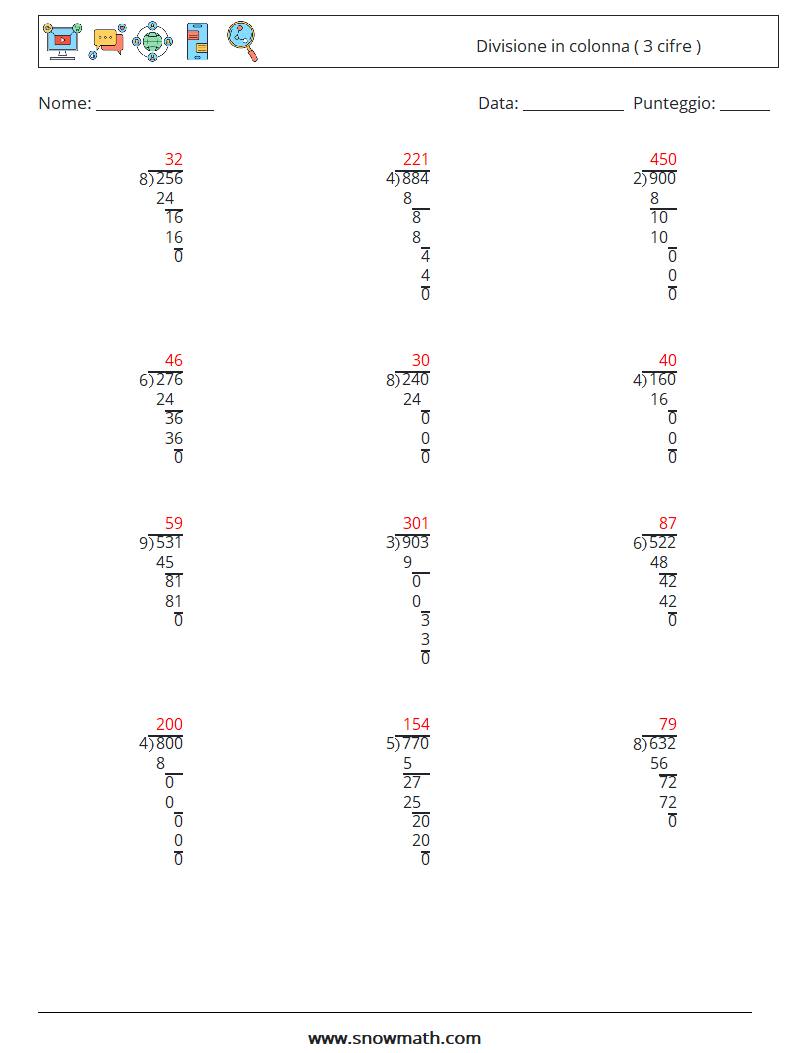 (12) Divisione in colonna ( 3 cifre ) Fogli di lavoro di matematica 8 Domanda, Risposta