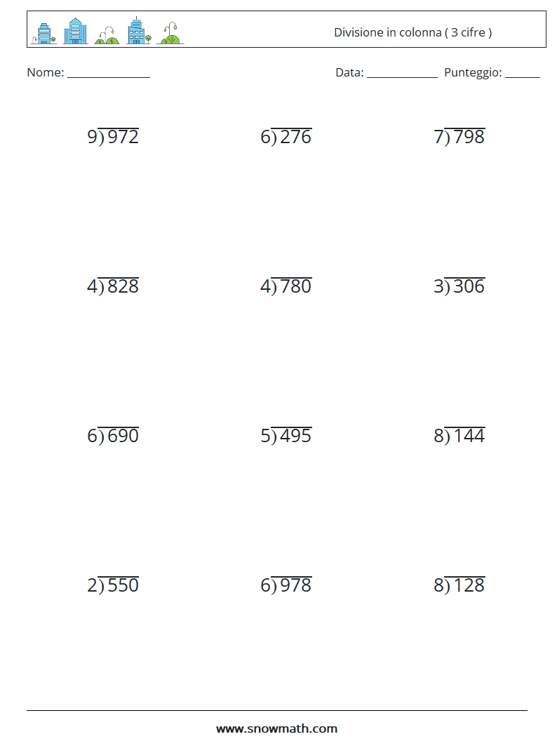 (12) Divisione in colonna ( 3 cifre ) Fogli di lavoro di matematica 9