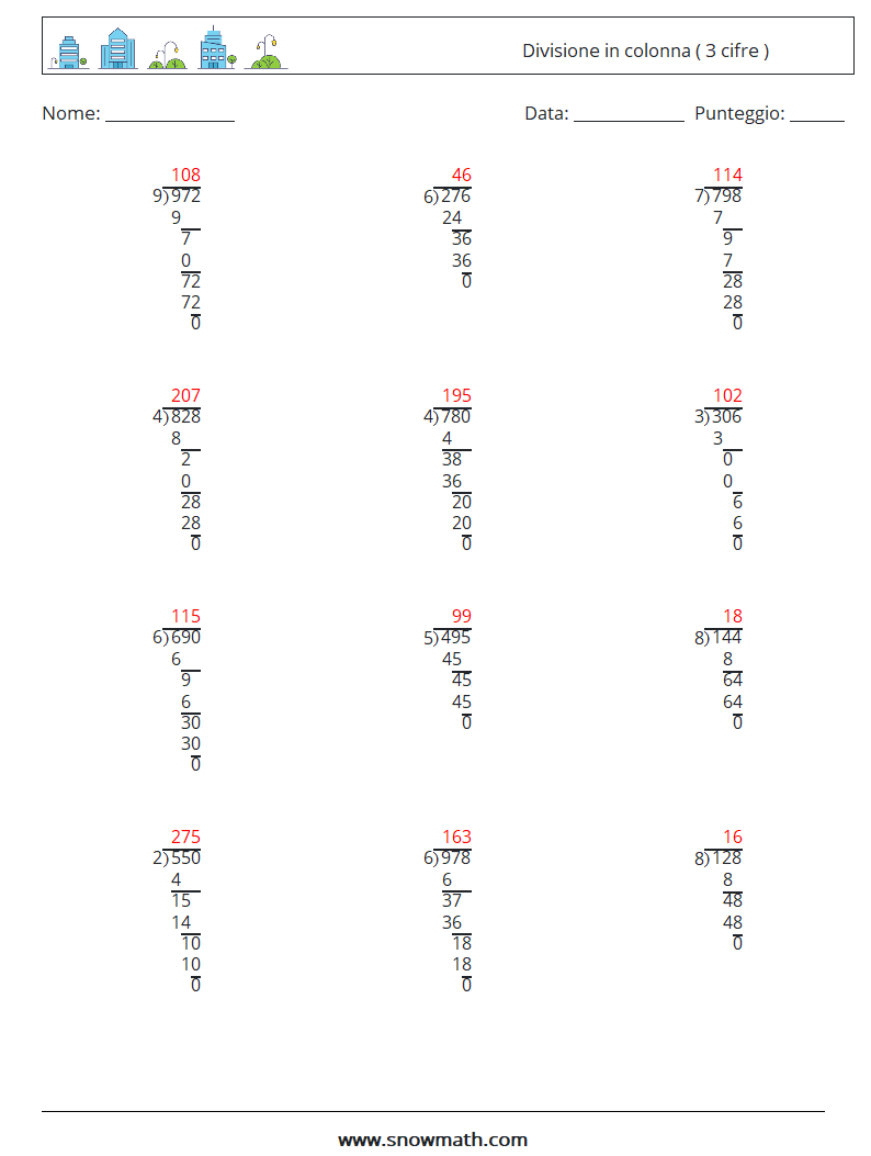 (12) Divisione in colonna ( 3 cifre ) Fogli di lavoro di matematica 9 Domanda, Risposta