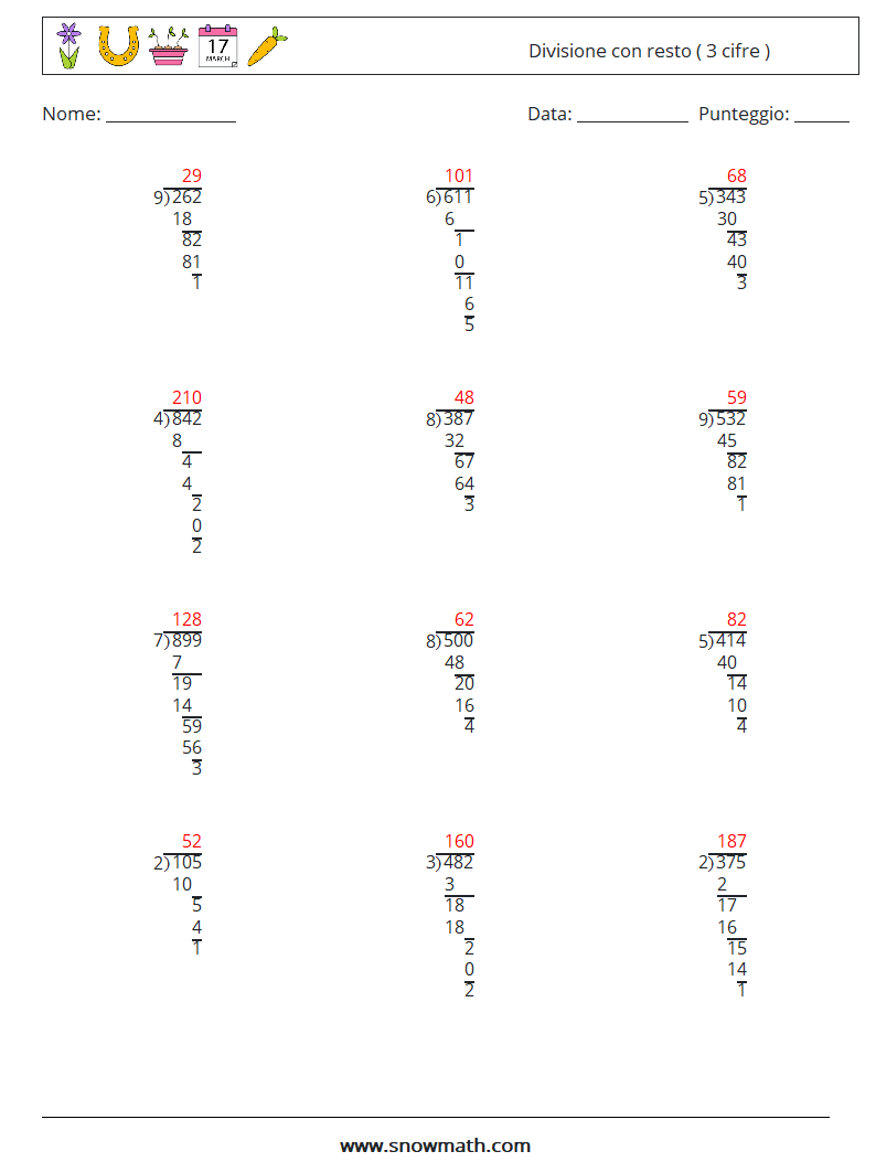 (12) Divisione con resto ( 3 cifre ) Fogli di lavoro di matematica 11 Domanda, Risposta