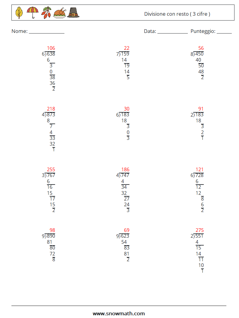 (12) Divisione con resto ( 3 cifre ) Fogli di lavoro di matematica 14 Domanda, Risposta