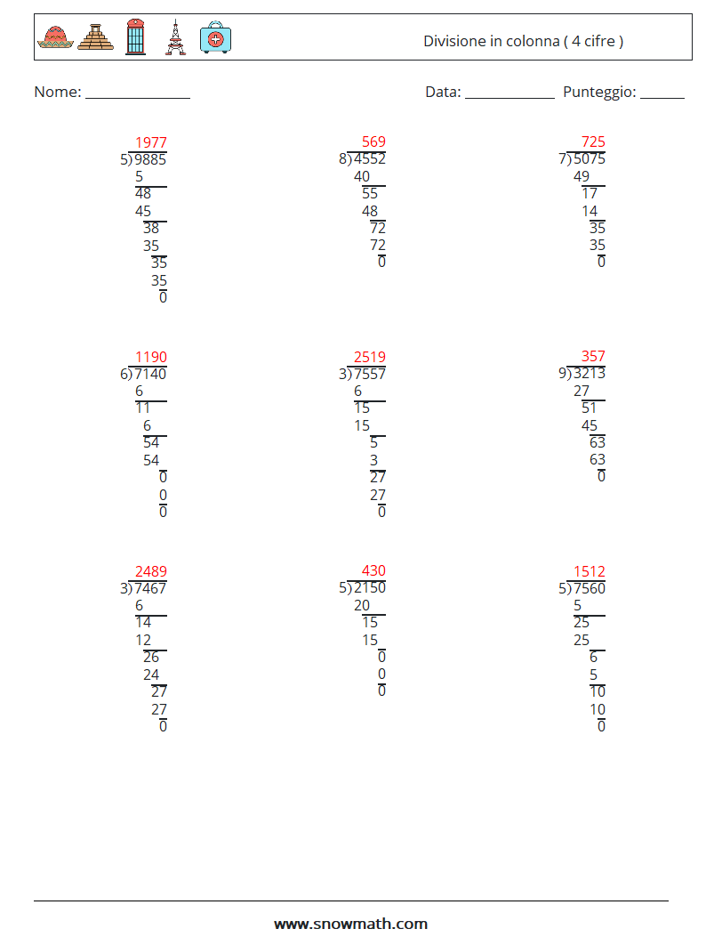 (9) Divisione in colonna ( 4 cifre ) Fogli di lavoro di matematica 12 Domanda, Risposta
