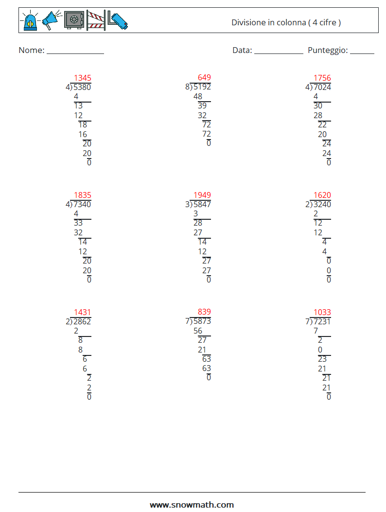(9) Divisione in colonna ( 4 cifre ) Fogli di lavoro di matematica 13 Domanda, Risposta