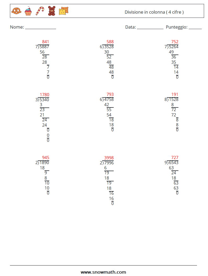 (9) Divisione in colonna ( 4 cifre ) Fogli di lavoro di matematica 14 Domanda, Risposta