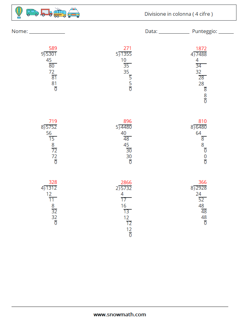 (9) Divisione in colonna ( 4 cifre ) Fogli di lavoro di matematica 15 Domanda, Risposta