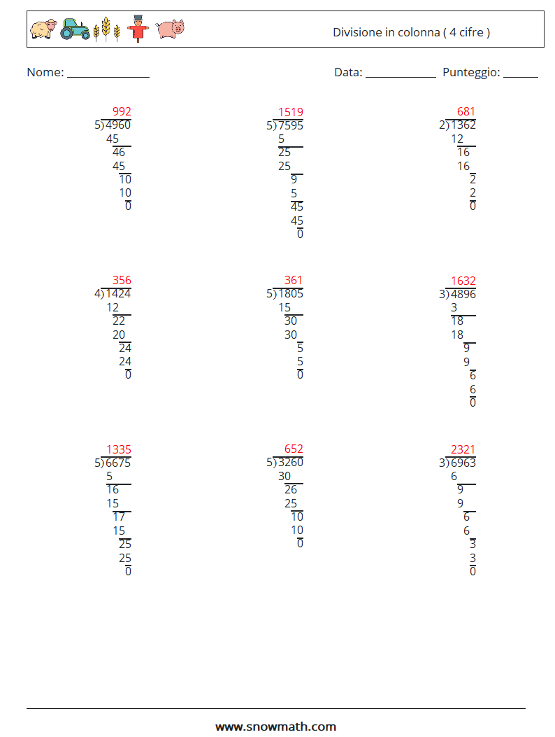 (9) Divisione in colonna ( 4 cifre ) Fogli di lavoro di matematica 16 Domanda, Risposta