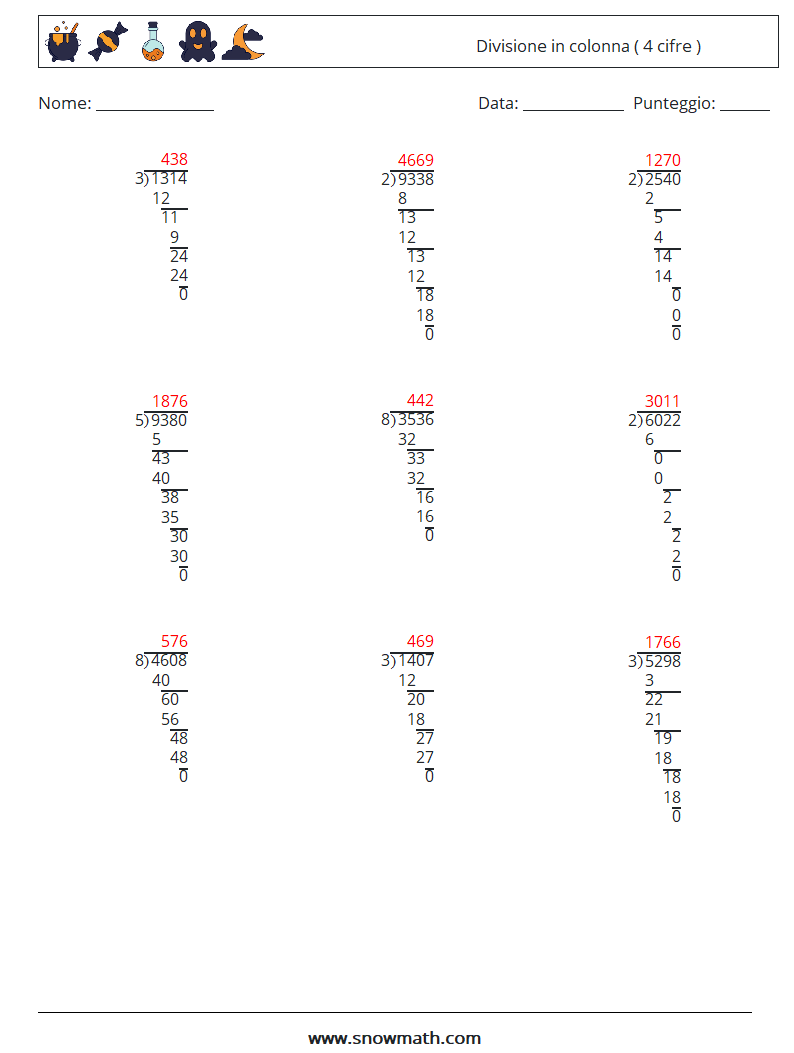 (9) Divisione in colonna ( 4 cifre ) Fogli di lavoro di matematica 17 Domanda, Risposta