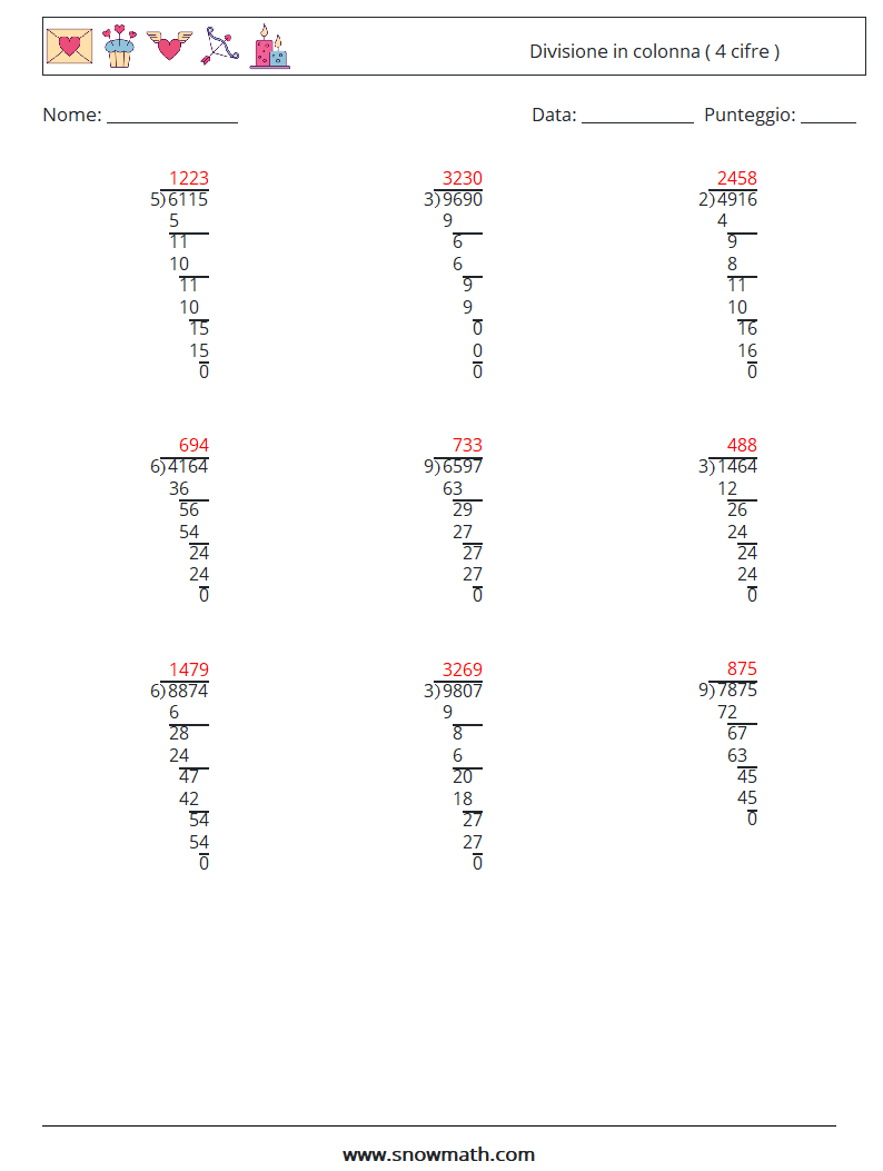 (9) Divisione in colonna ( 4 cifre ) Fogli di lavoro di matematica 18 Domanda, Risposta