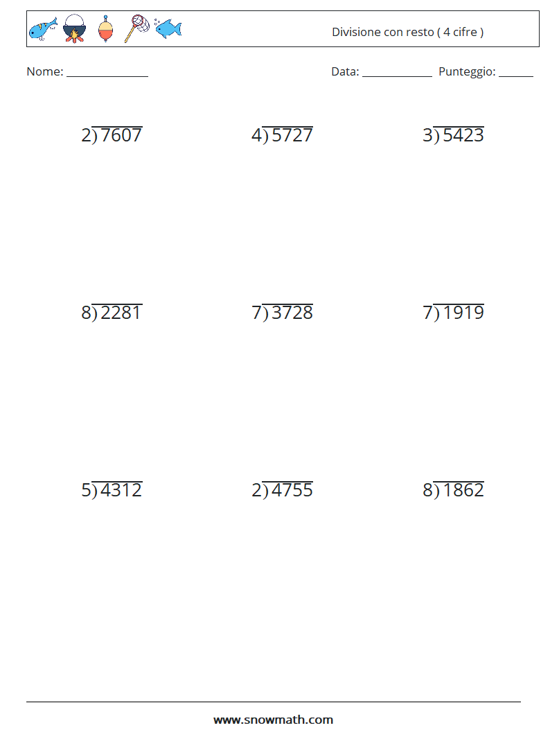 (9) Divisione con resto ( 4 cifre ) Fogli di lavoro di matematica 13