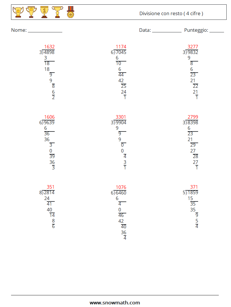 (9) Divisione con resto ( 4 cifre ) Fogli di lavoro di matematica 15 Domanda, Risposta