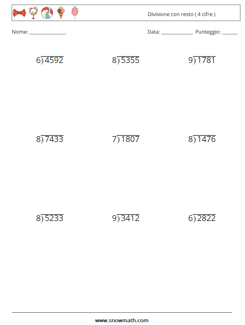(9) Divisione con resto ( 4 cifre ) Fogli di lavoro di matematica 18