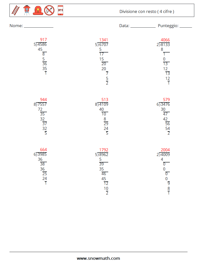 (9) Divisione con resto ( 4 cifre ) Fogli di lavoro di matematica 1 Domanda, Risposta