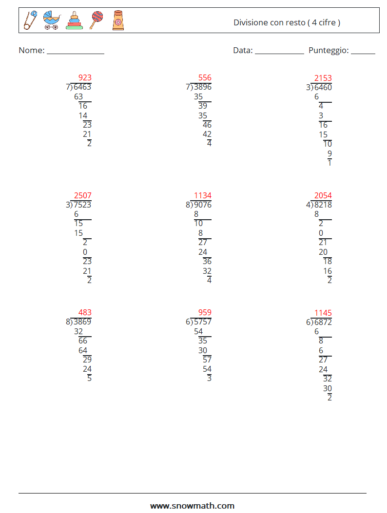 (9) Divisione con resto ( 4 cifre ) Fogli di lavoro di matematica 2 Domanda, Risposta