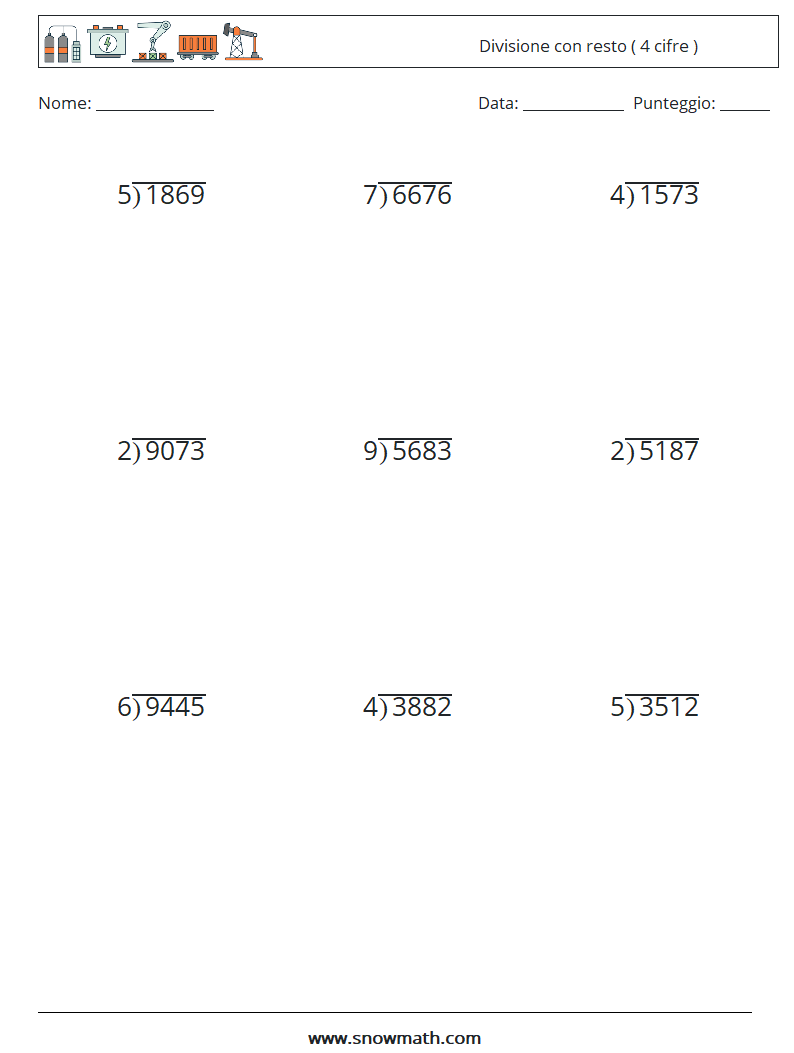 (9) Divisione con resto ( 4 cifre ) Fogli di lavoro di matematica 8