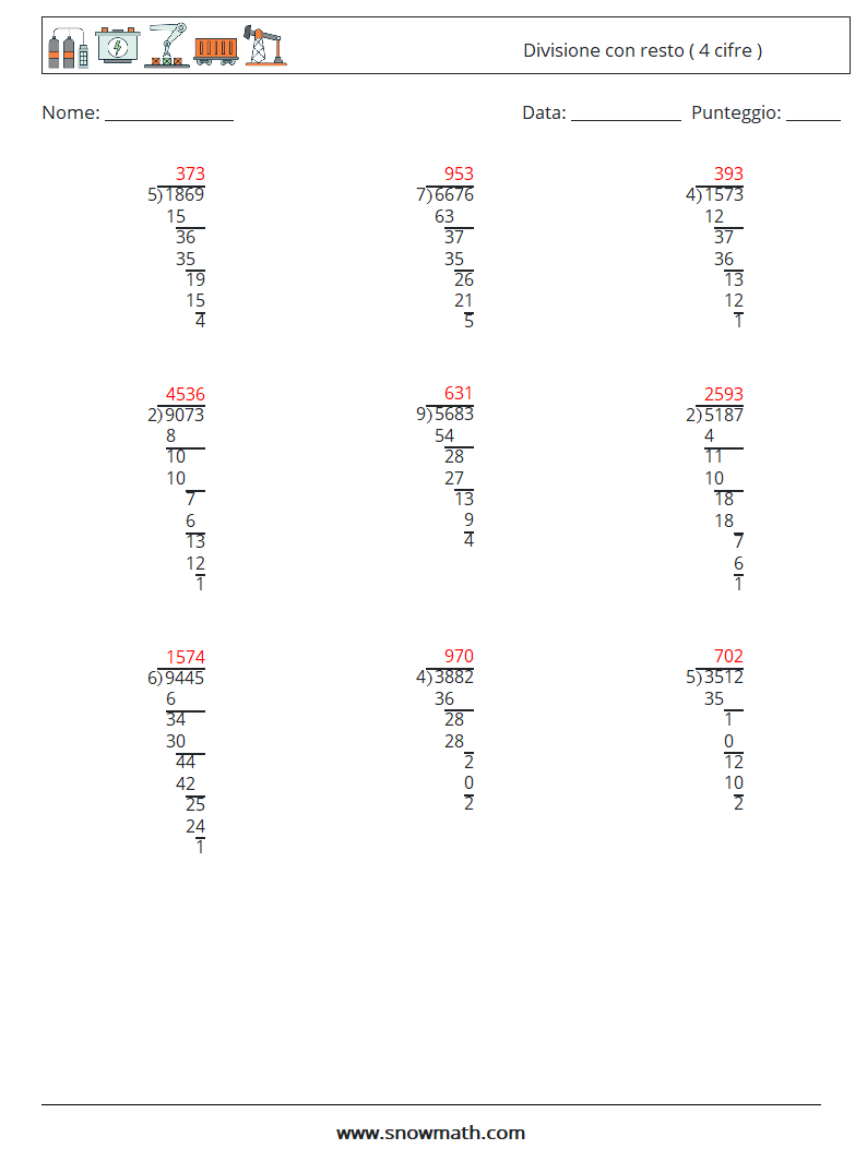 (9) Divisione con resto ( 4 cifre ) Fogli di lavoro di matematica 8 Domanda, Risposta