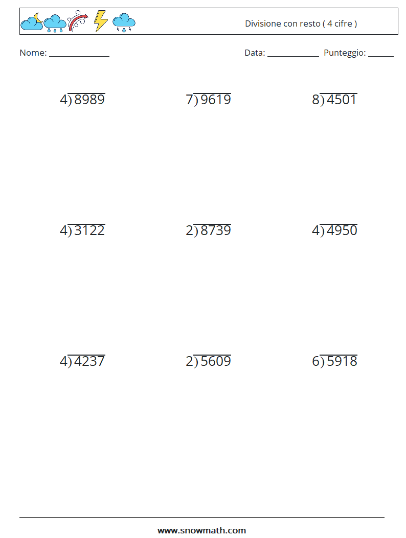 (9) Divisione con resto ( 4 cifre ) Fogli di lavoro di matematica 9