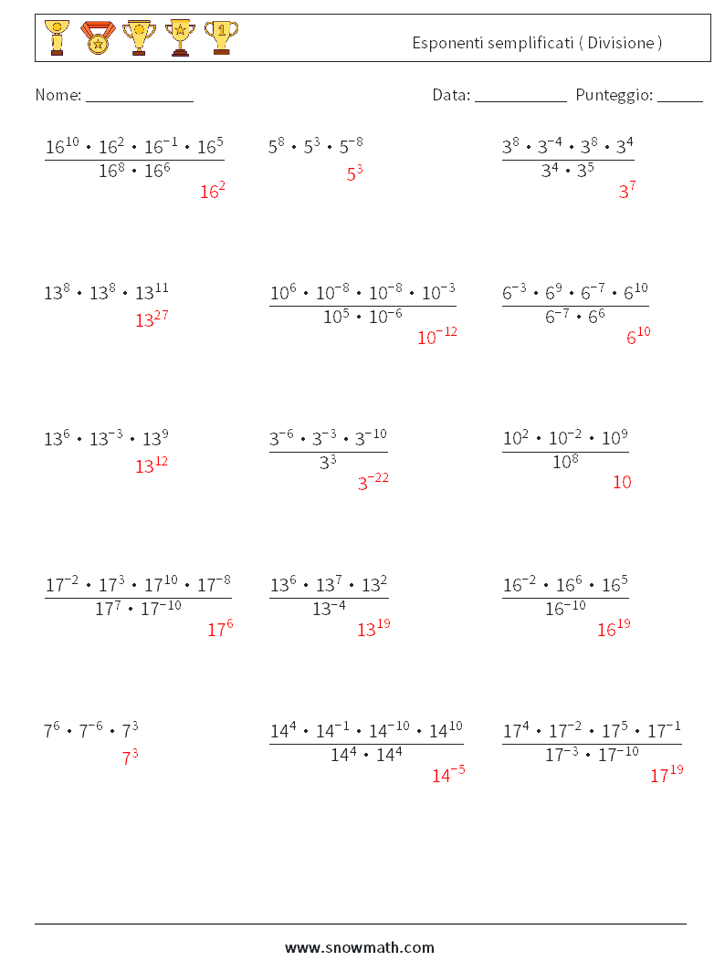 Esponenti semplificati ( Divisione ) Fogli di lavoro di matematica 1 Domanda, Risposta