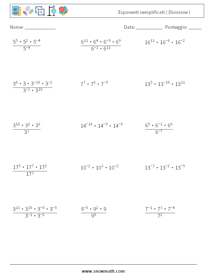 Esponenti semplificati ( Divisione ) Fogli di lavoro di matematica 2