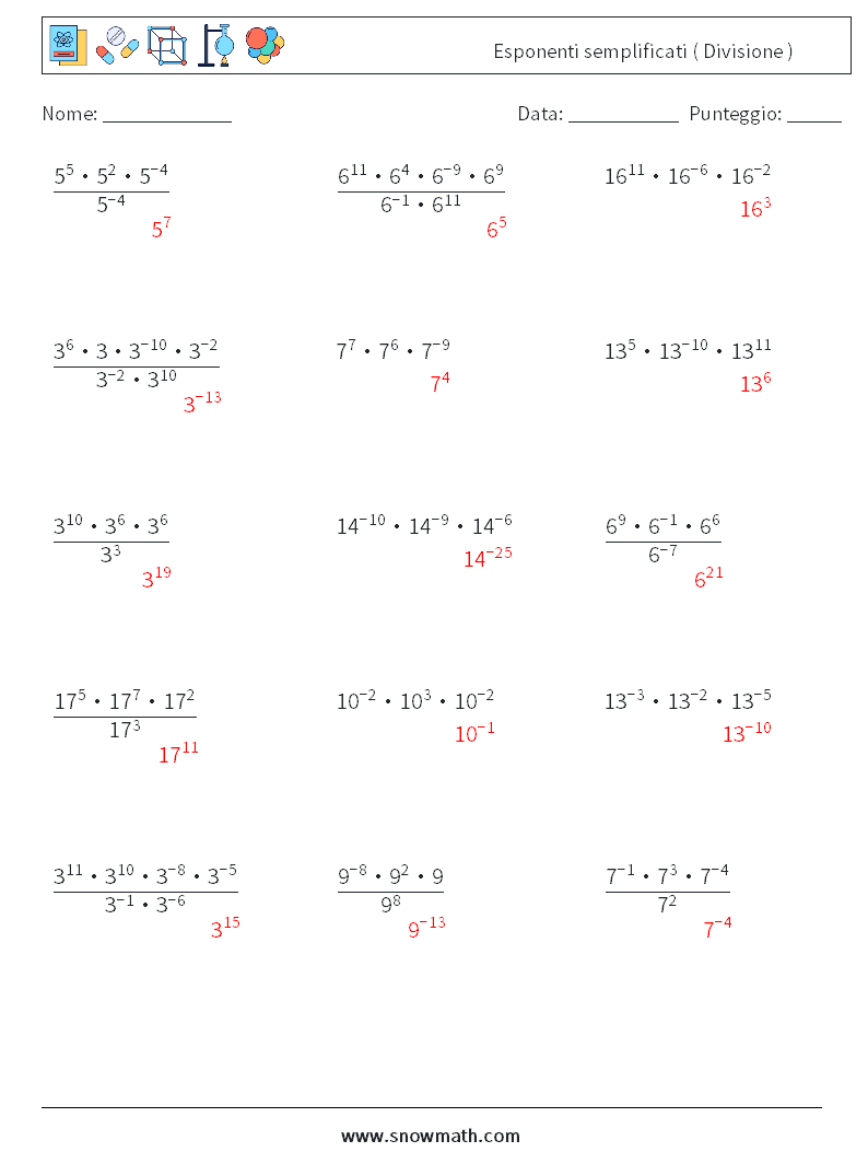 Esponenti semplificati ( Divisione ) Fogli di lavoro di matematica 2 Domanda, Risposta