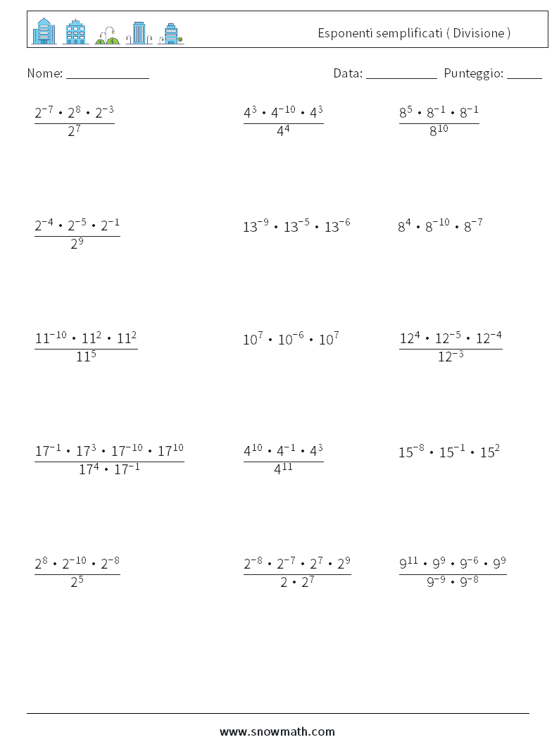 Esponenti semplificati ( Divisione ) Fogli di lavoro di matematica 3