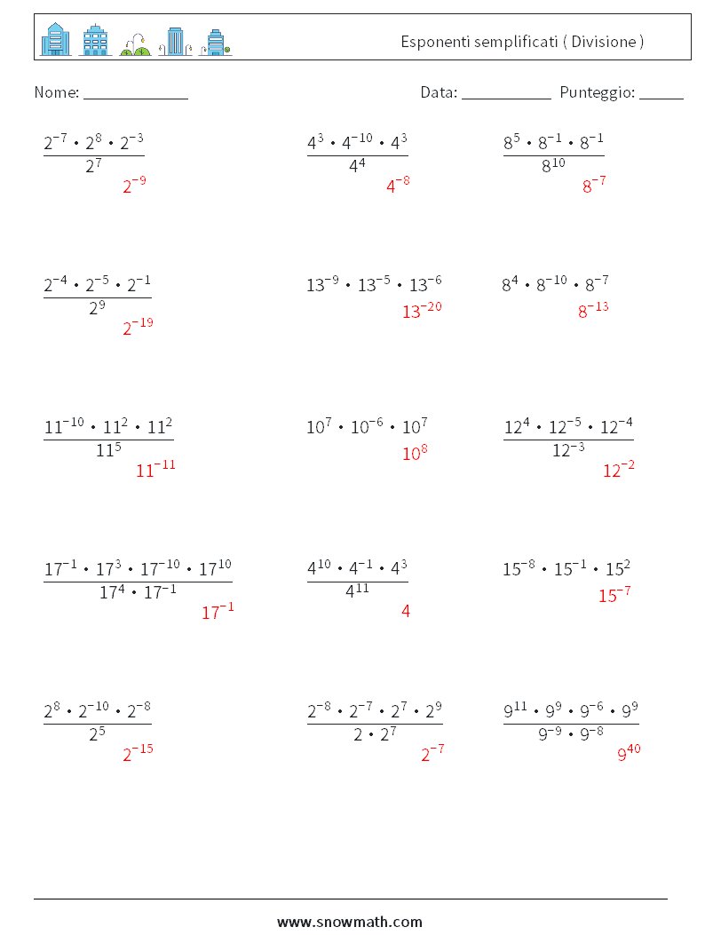 Esponenti semplificati ( Divisione ) Fogli di lavoro di matematica 3 Domanda, Risposta