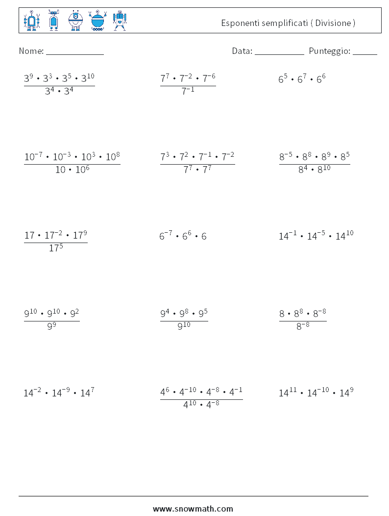 Esponenti semplificati ( Divisione ) Fogli di lavoro di matematica 4