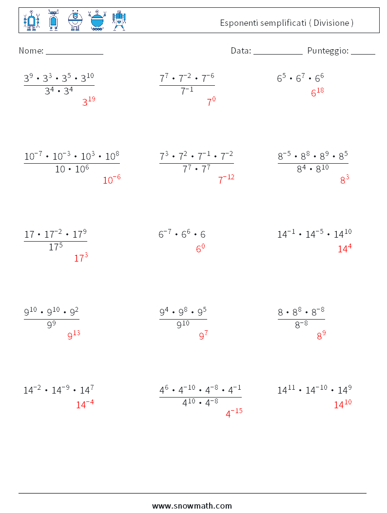 Esponenti semplificati ( Divisione ) Fogli di lavoro di matematica 4 Domanda, Risposta