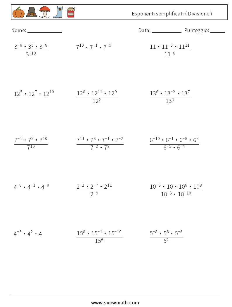 Esponenti semplificati ( Divisione ) Fogli di lavoro di matematica 5