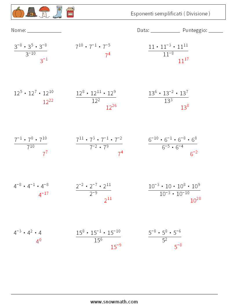 Esponenti semplificati ( Divisione ) Fogli di lavoro di matematica 5 Domanda, Risposta
