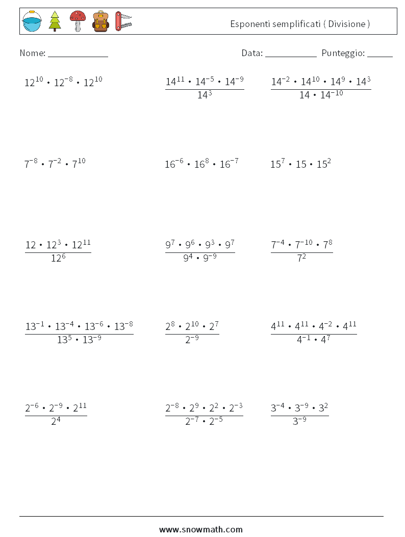 Esponenti semplificati ( Divisione ) Fogli di lavoro di matematica 6