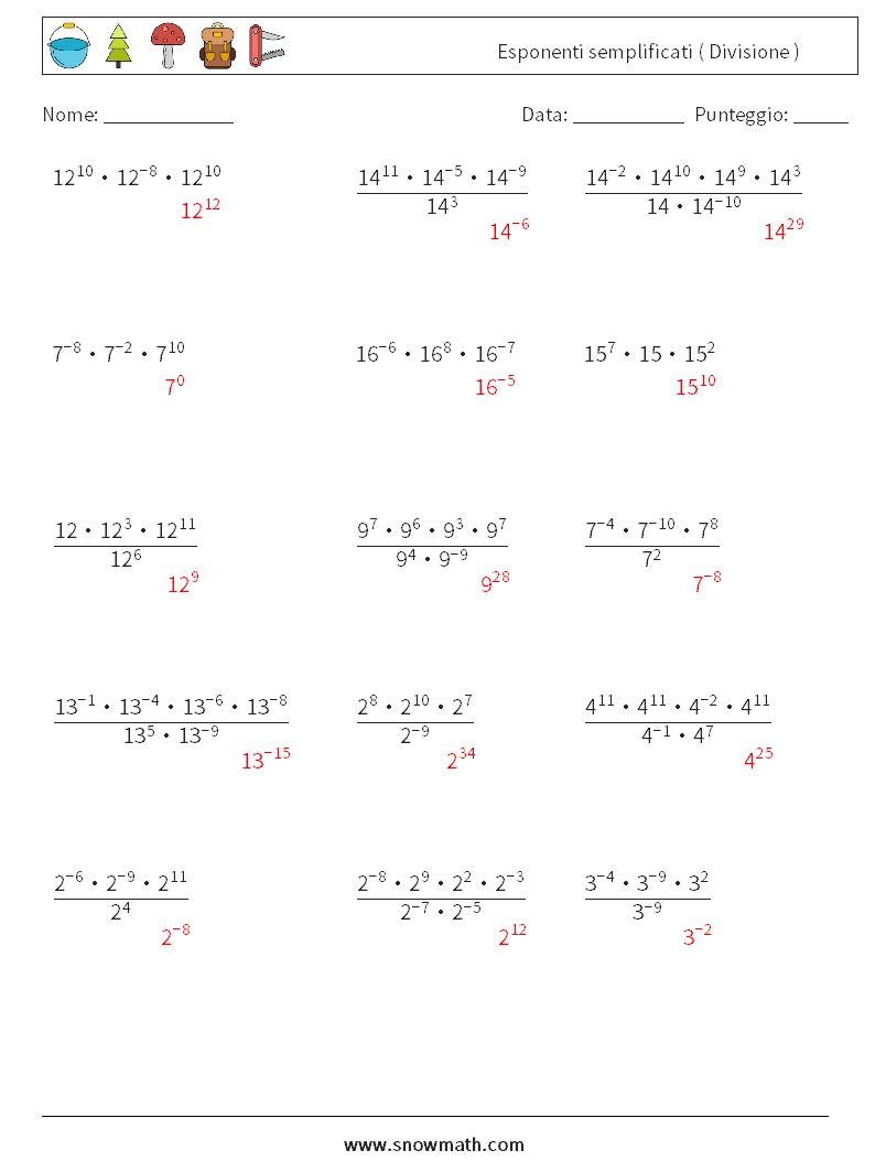 Esponenti semplificati ( Divisione ) Fogli di lavoro di matematica 6 Domanda, Risposta