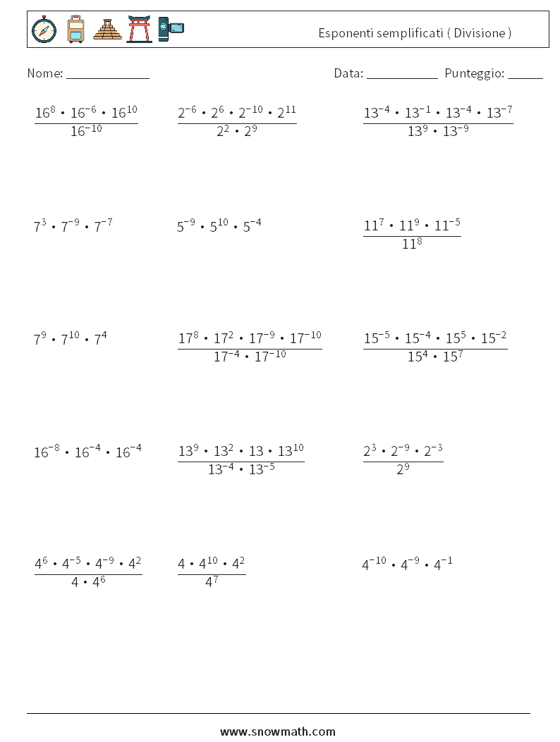 Esponenti semplificati ( Divisione ) Fogli di lavoro di matematica 7