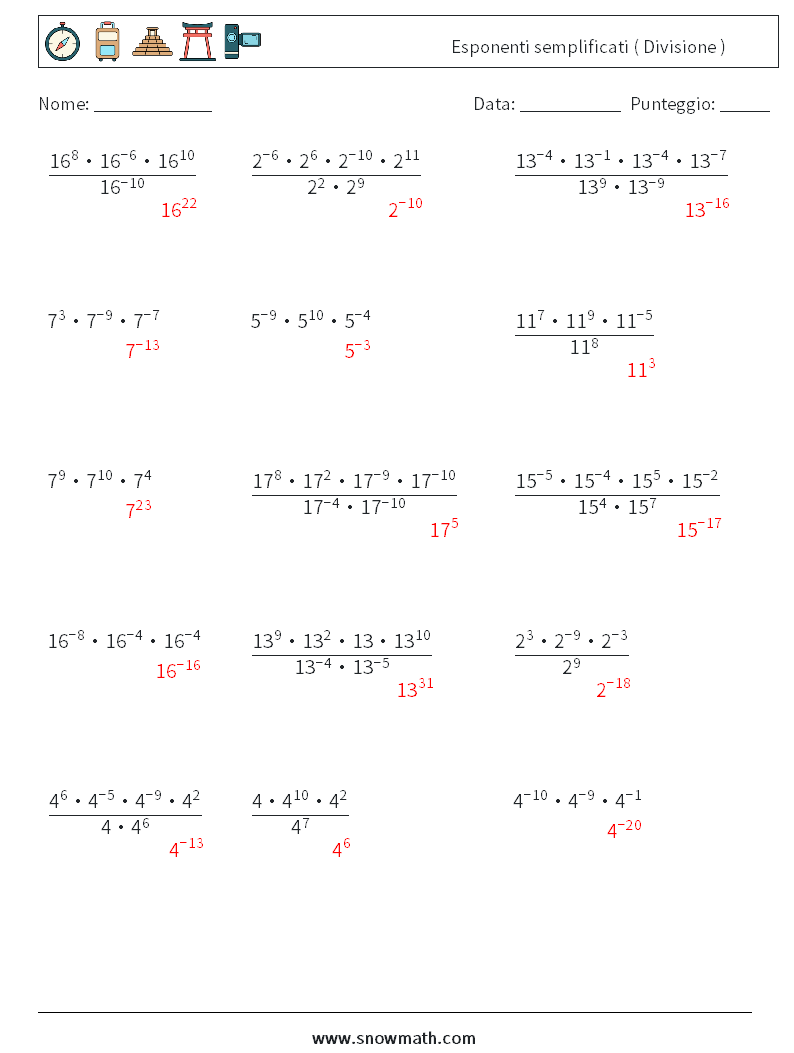 Esponenti semplificati ( Divisione ) Fogli di lavoro di matematica 7 Domanda, Risposta