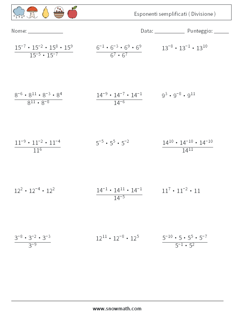 Esponenti semplificati ( Divisione ) Fogli di lavoro di matematica 8