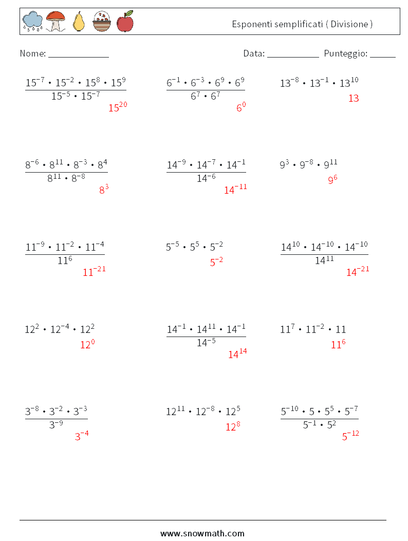 Esponenti semplificati ( Divisione ) Fogli di lavoro di matematica 8 Domanda, Risposta