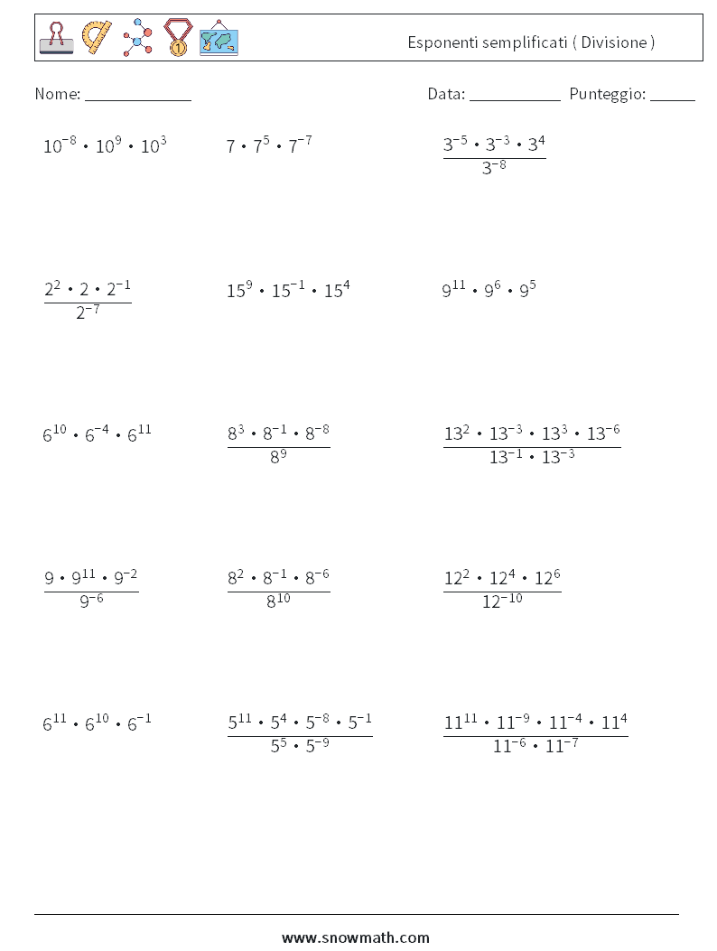 Esponenti semplificati ( Divisione ) Fogli di lavoro di matematica 9