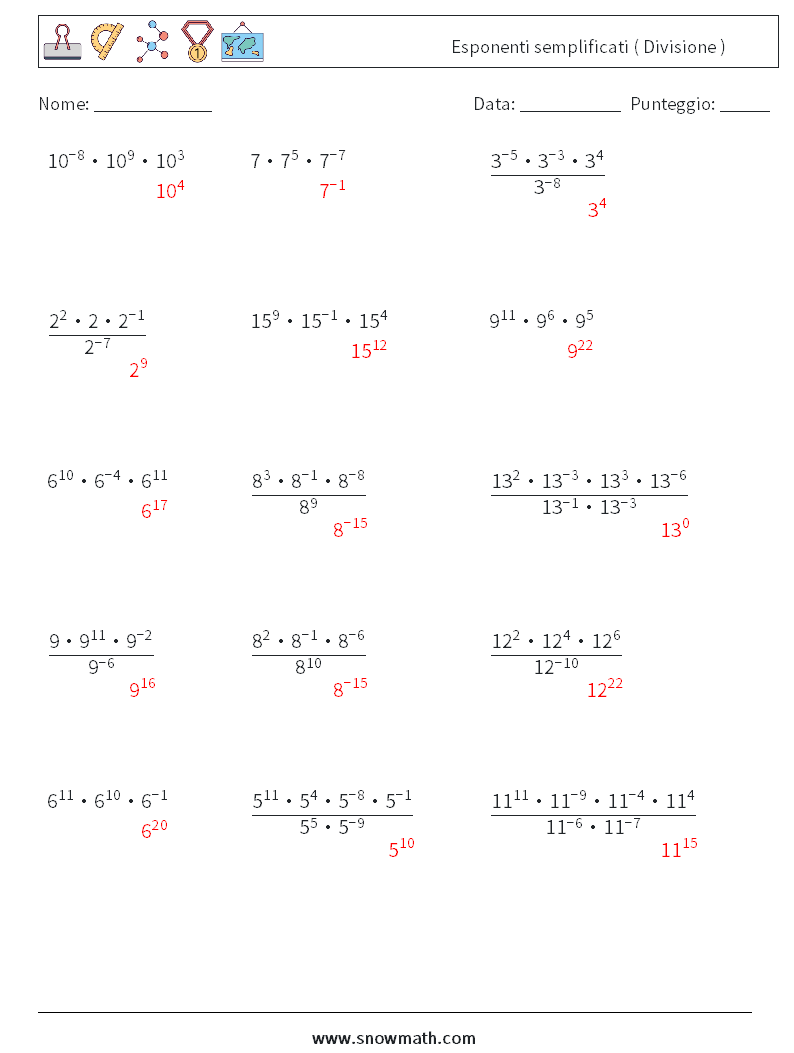 Esponenti semplificati ( Divisione ) Fogli di lavoro di matematica 9 Domanda, Risposta