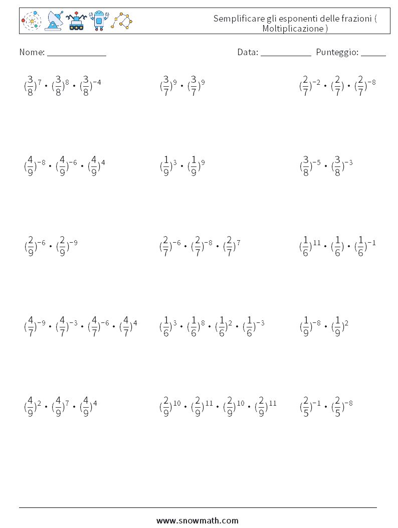 Semplificare gli esponenti delle frazioni ( Moltiplicazione ) Fogli di lavoro di matematica 2