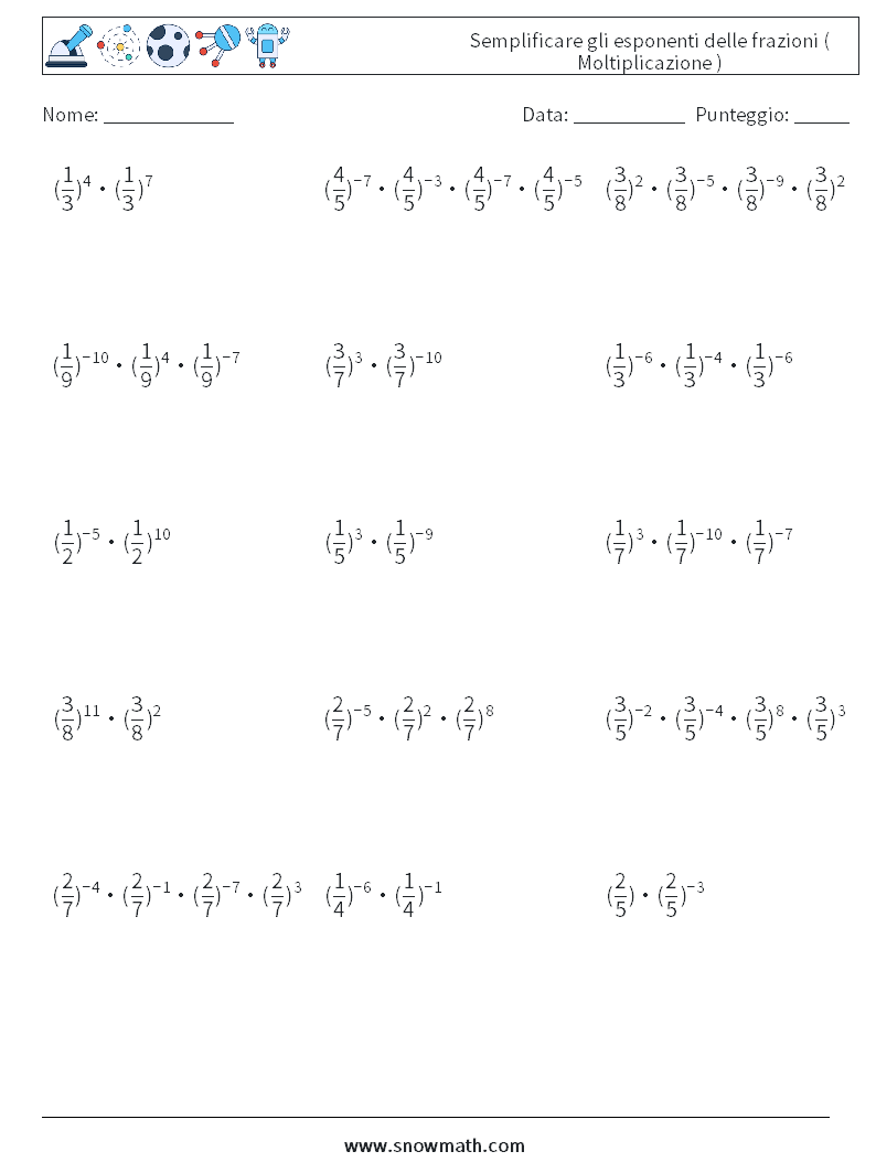 Semplificare gli esponenti delle frazioni ( Moltiplicazione ) Fogli di lavoro di matematica 3