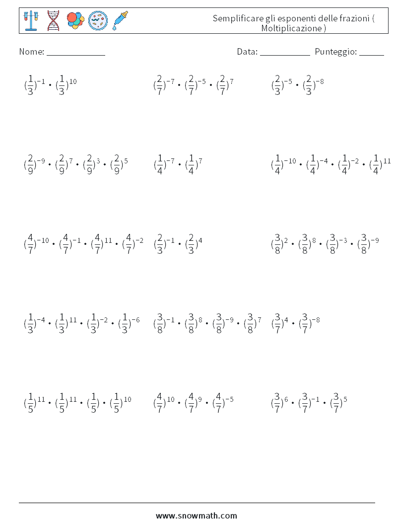 Semplificare gli esponenti delle frazioni ( Moltiplicazione ) Fogli di lavoro di matematica 5