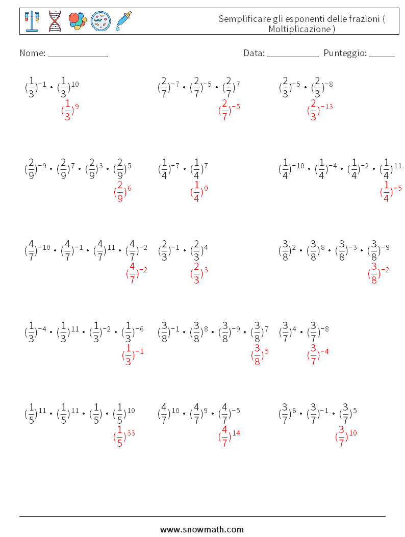 Semplificare gli esponenti delle frazioni ( Moltiplicazione ) Fogli di lavoro di matematica 5 Domanda, Risposta