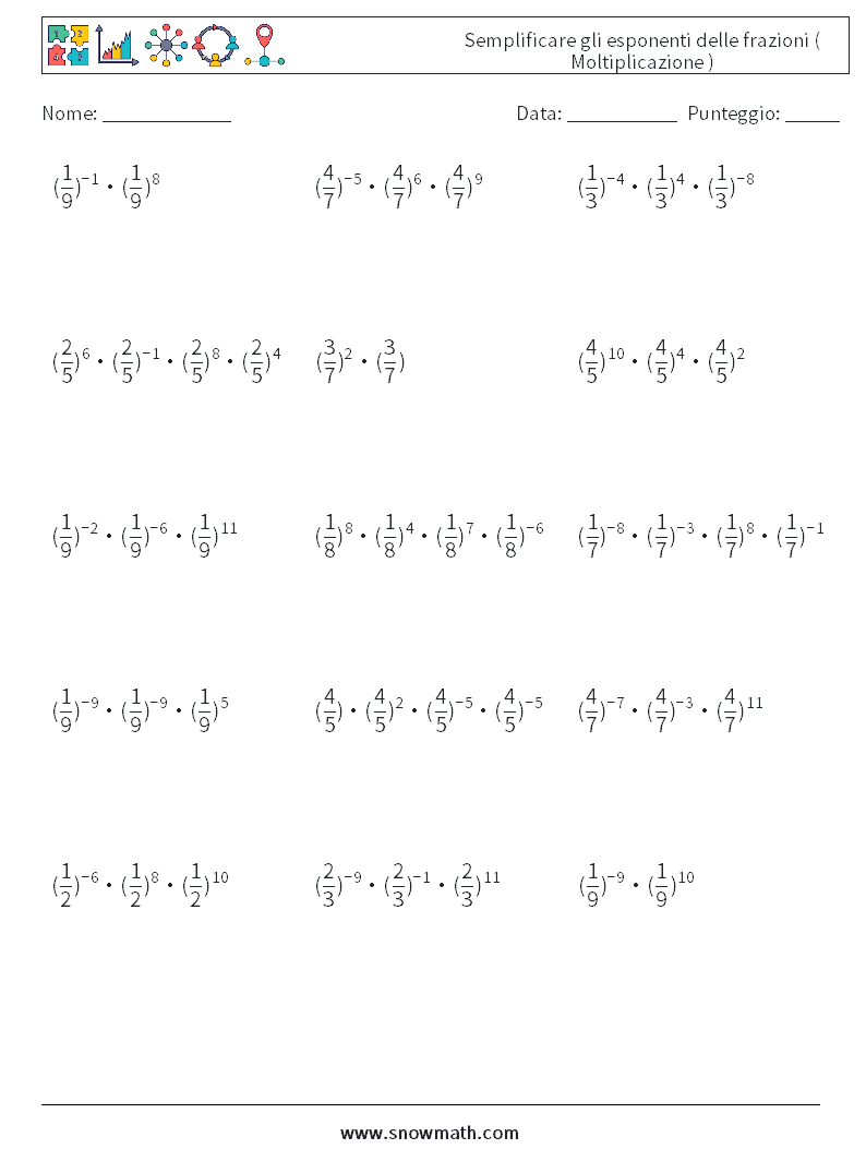 Semplificare gli esponenti delle frazioni ( Moltiplicazione ) Fogli di lavoro di matematica 6