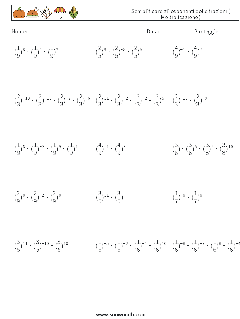 Semplificare gli esponenti delle frazioni ( Moltiplicazione ) Fogli di lavoro di matematica 7