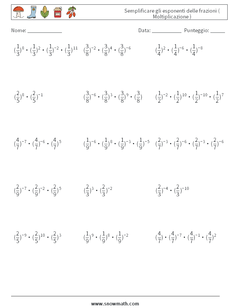 Semplificare gli esponenti delle frazioni ( Moltiplicazione ) Fogli di lavoro di matematica 8