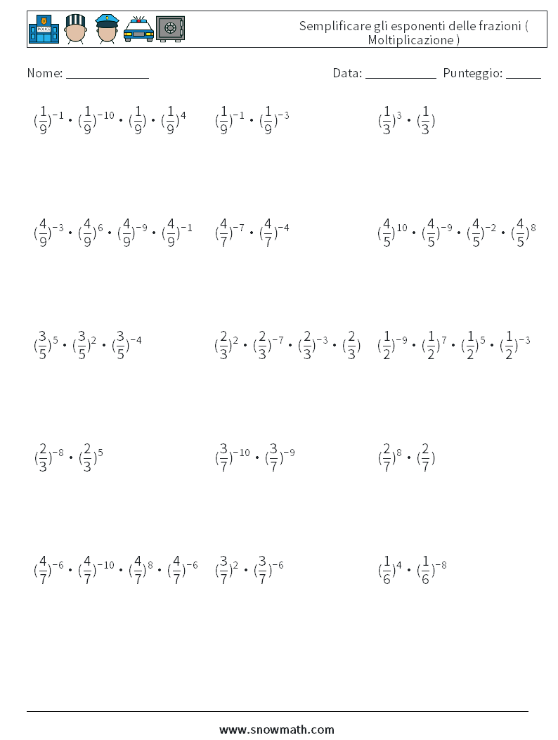 Semplificare gli esponenti delle frazioni ( Moltiplicazione ) Fogli di lavoro di matematica 9